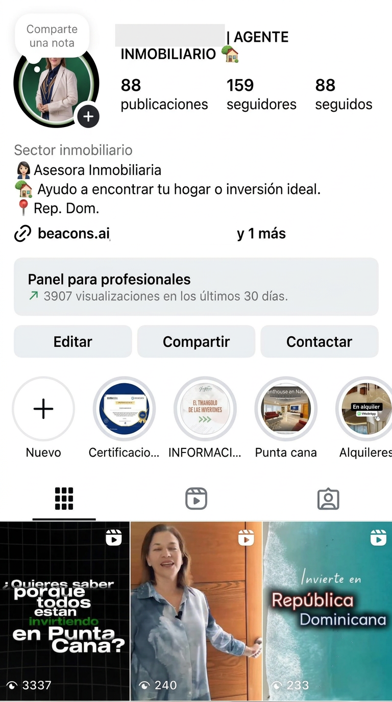 Antes: perfil de Instagram inmobiliario con destacados y publicaciones sin identidad visual unificada; datos personales ocultos