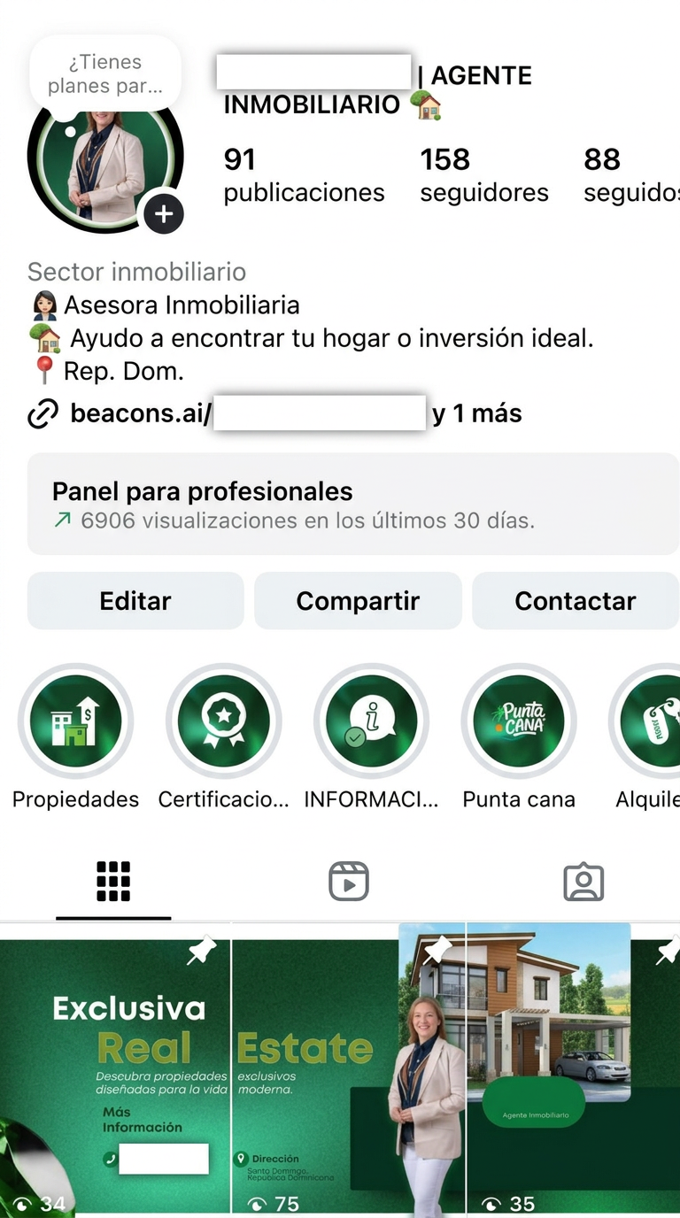 Después: perfil de Instagram inmobiliario con destacados y publicaciones de identidad visual unificada; datos personales ocultos